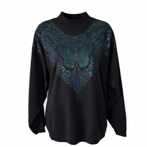 Vintage GRACE Butterfly Graphic Sweater Black Mock Neck Medium Y2K gothic